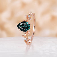 Teal Sapphire Pear cut Engagement Ring Leaf Design Rose Gold