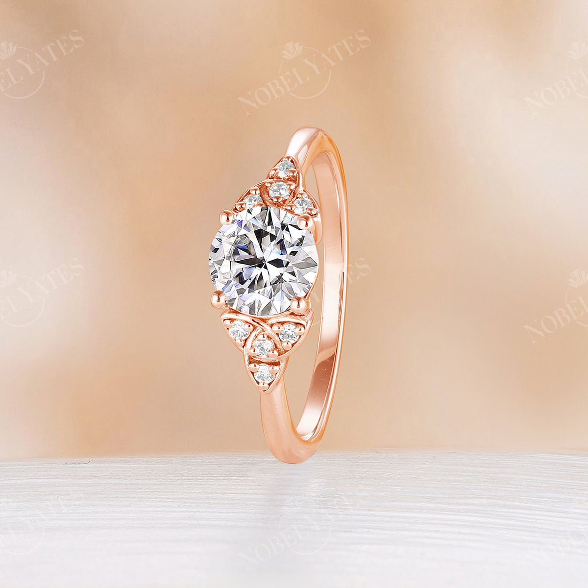 Round Moissanite Celtic Rose Gold Engagement Ring Cluster Diamond Ring