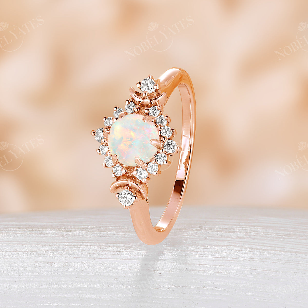 Celestial Moon White Opal Rose Gold Halo Engagement Ring