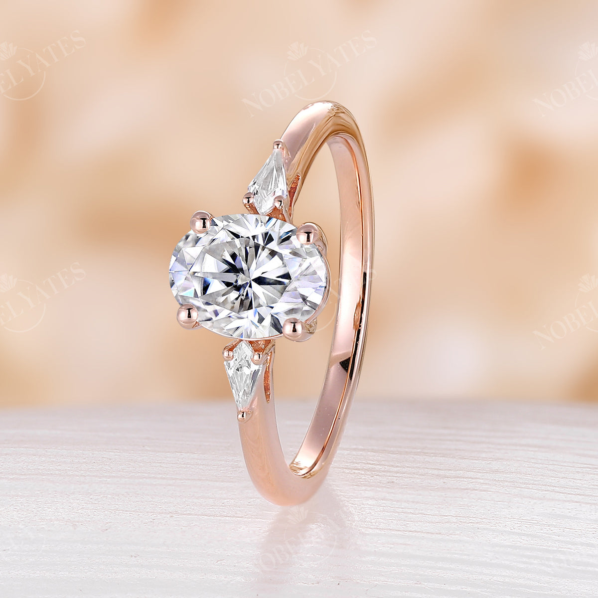 Vintage Oval Moissanite Three Stone Engagement Ring Rose Gold
