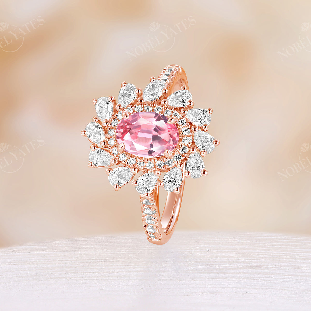 Pink Padparadscha Oval Cut Moissanite Double Halo Engagement Ring