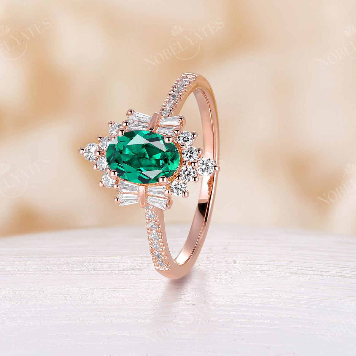 Art Deco Oval Lab Emerald Pave & Cluster Engagement Ring Rose Gold