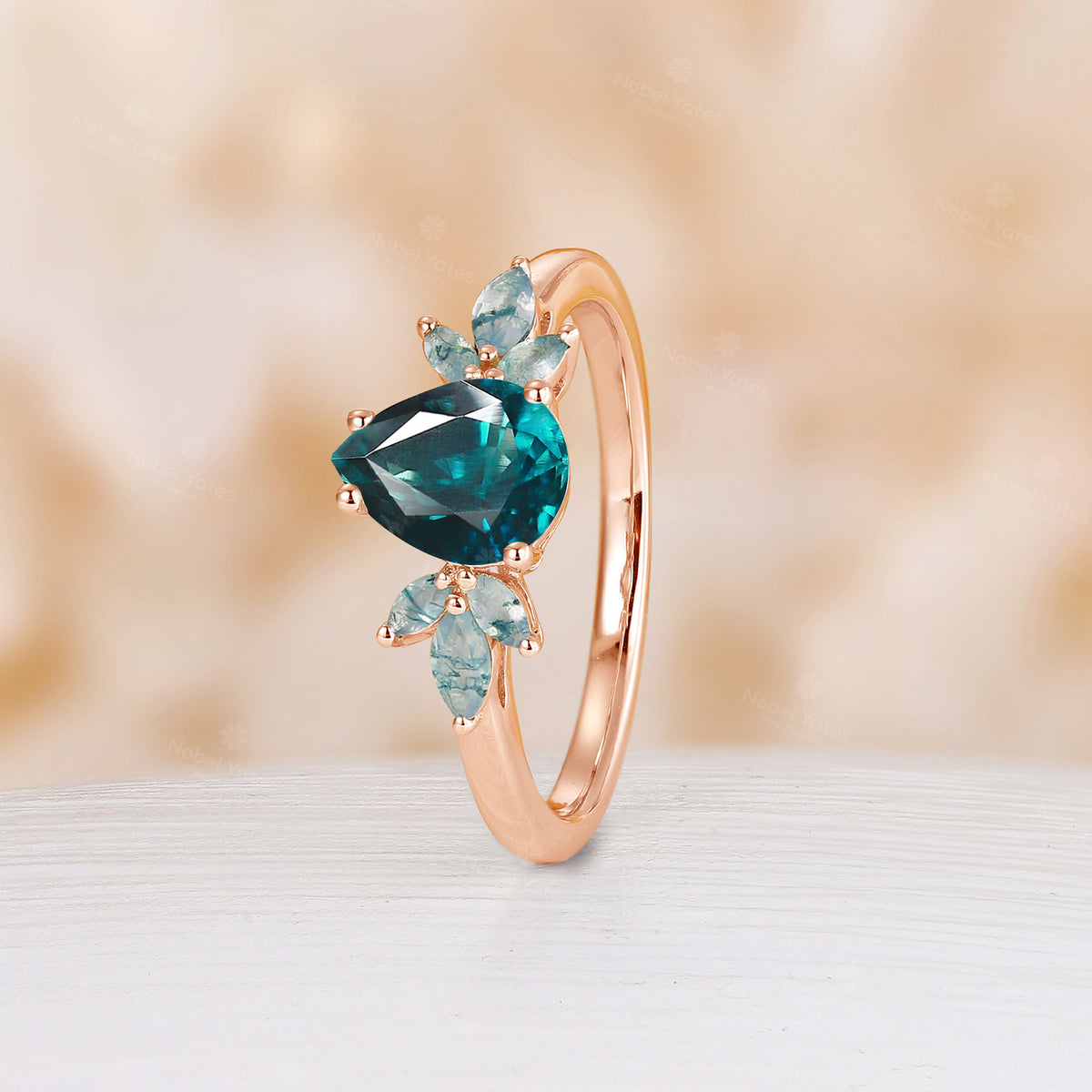 Teal Sapphire Pear&Marquise Nature Inspired Engagement Ring Rose Gold