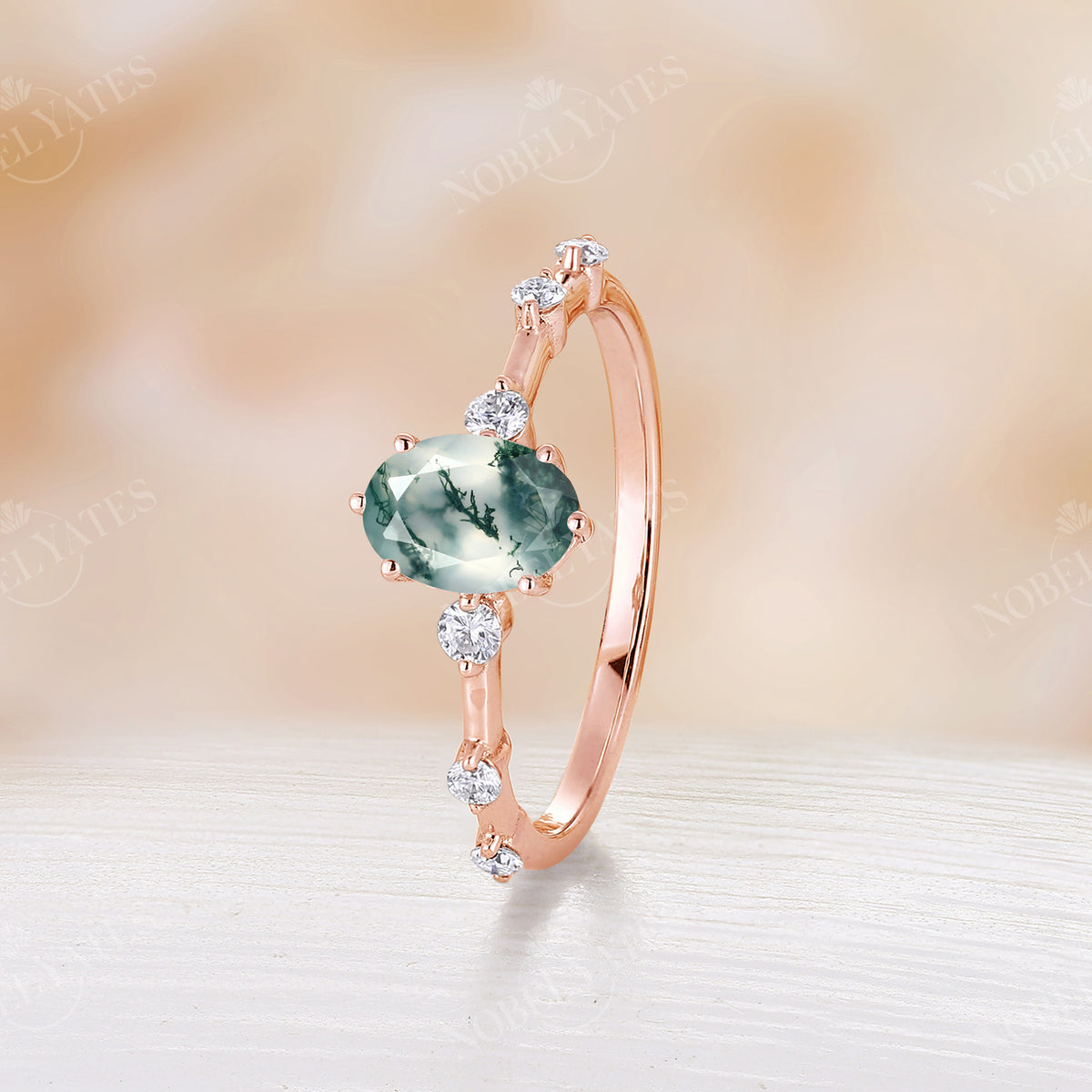 Oval Moss Agate Bubble Engagement Ring Yellow Gold