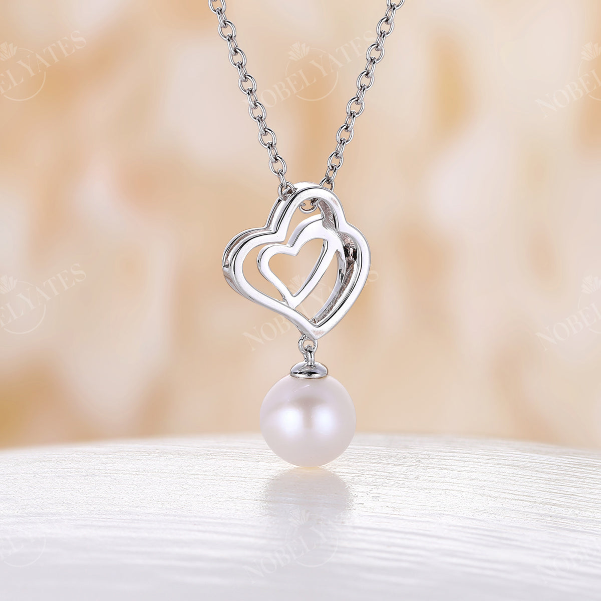 Double Heart Akoya Pearl Pendant Elegant Necklace White Gold