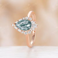 Pear Shape Moss Agate Engagement Ring Art deco Halo Rose Gold