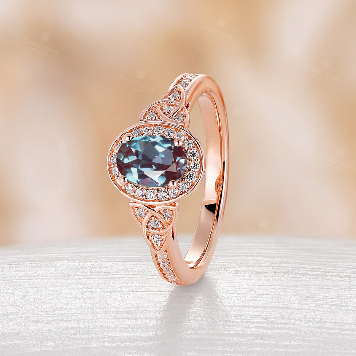 Oval Shape Lab Alexandrite Halo Celtic Knot Engagement Ring Rose Gold