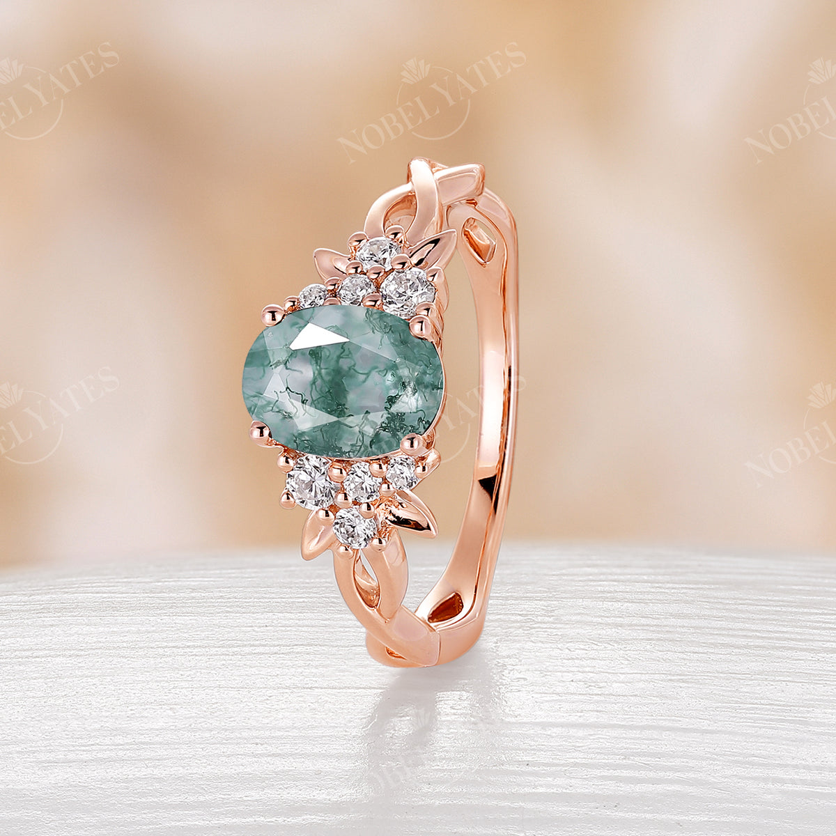 Oval Twist Moss Agate Rose Gold Engagement Ring Leaves Cluster