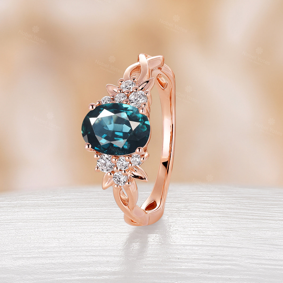 Nature Inspired Teal Sapphire Twist Rose Gold Engagement Ring Moissanite Cluster