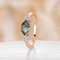 Hexagon Moss Agate Engagement Ring Cluster Side Stone