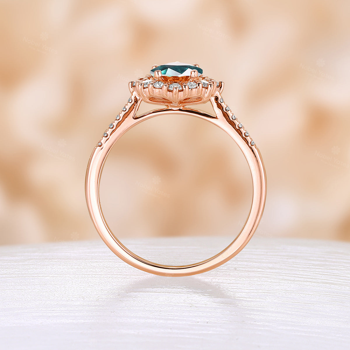 Vintage Pear shape Teal Sapphire Rose Gold Halo Engagement Ring