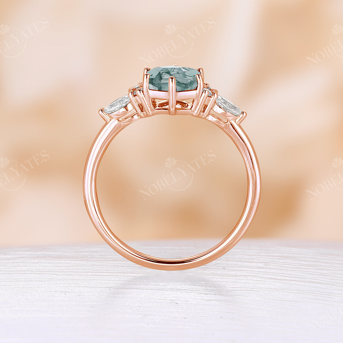 Hexagon Moss Agate Classic Cluster Engagement Ring Rose Gold