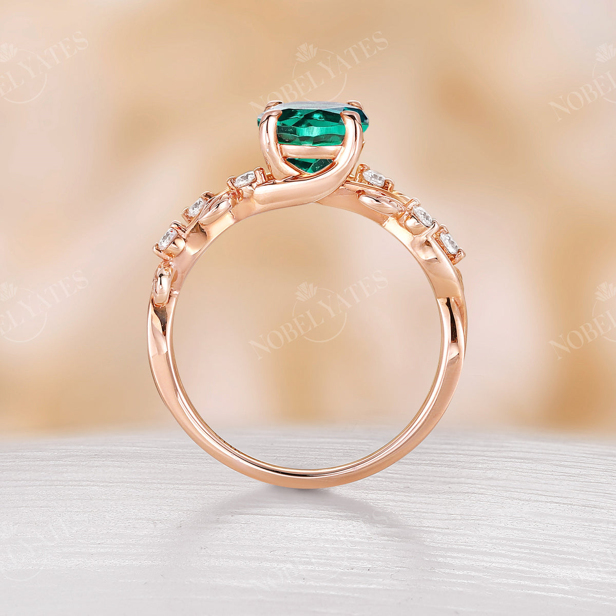 Nature inspired Lab Emerald Engagement Ring Leaf Design Rose Gold
