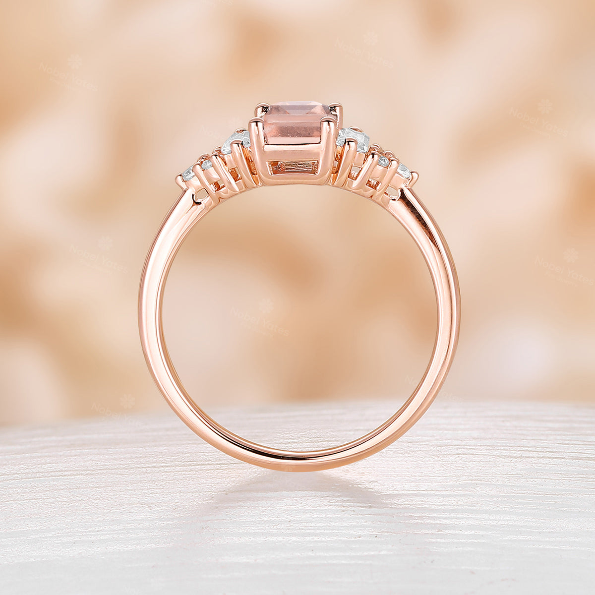 Emerald cut Pink Morganite Cluster Diamond Engagement Ring