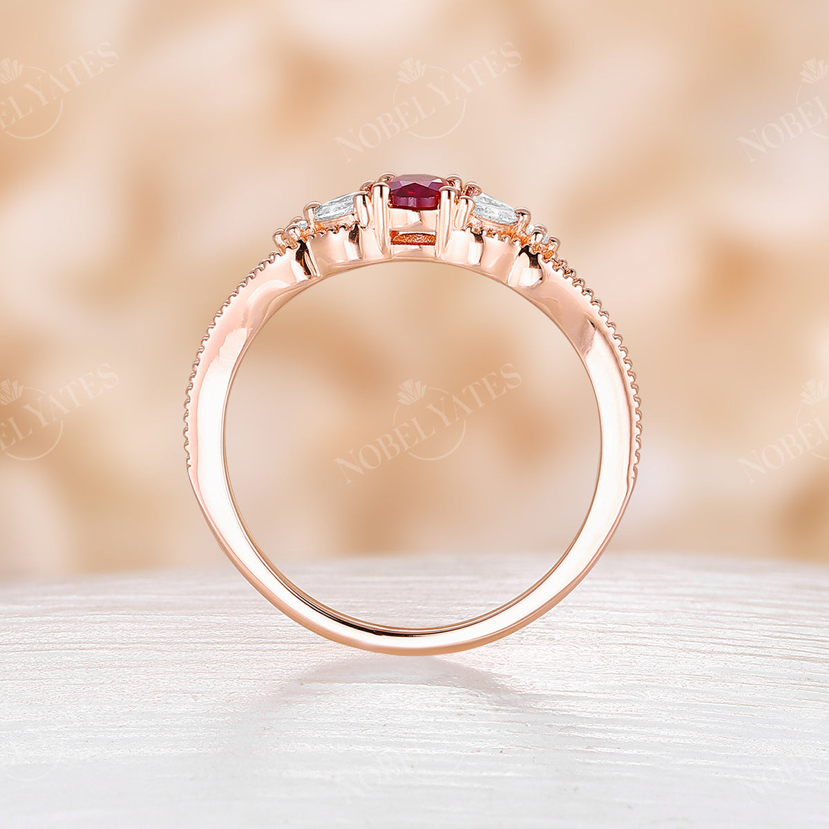 Lab Ruby Milgrain Side Stones Vintage Engagement Ring Rose Gold