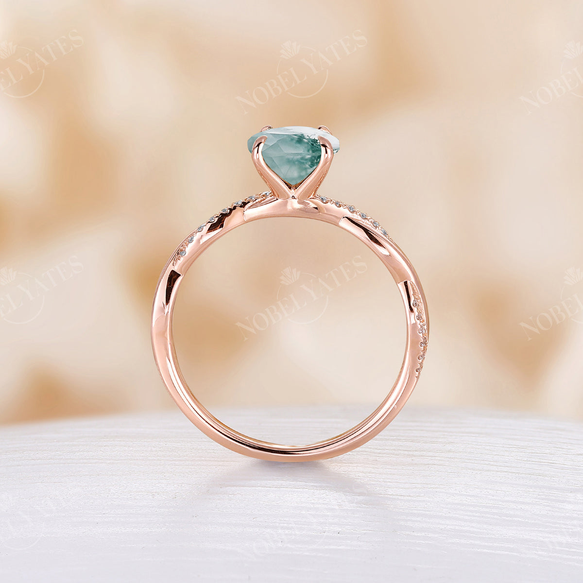 Moss Agate Rose Gold Twist Engagement Ring Round Moissanite Ring