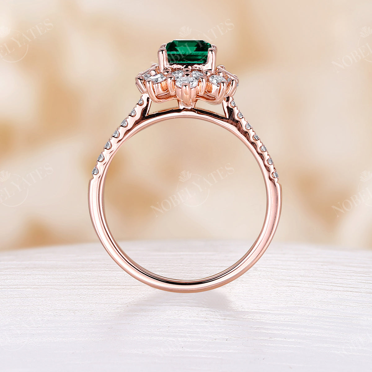 Lab Emerald Art Deco Pave & Cluster Engagement Ring Rose Gold