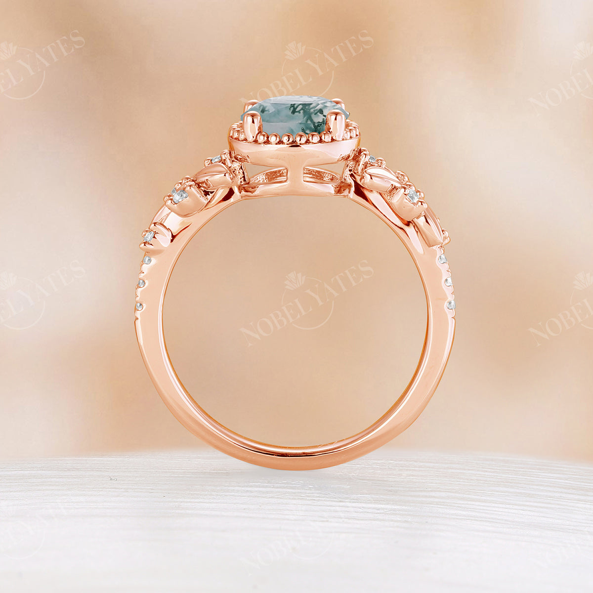 Round Moss Agate Nature Leaf Design Engagement Ring Rose Gold