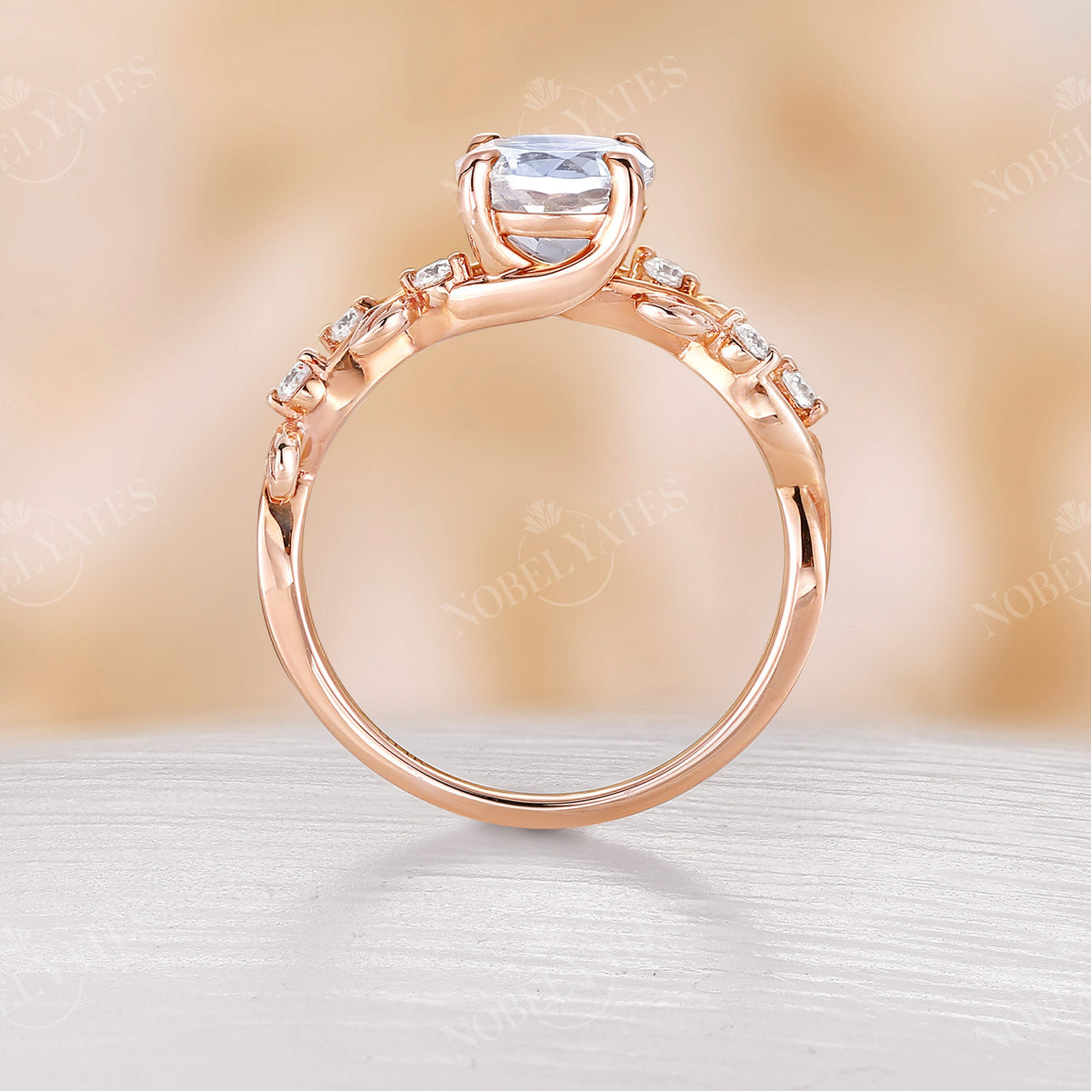 Nature inspired Round Moonstone Engagement Ring Leaf Design Rose Gold