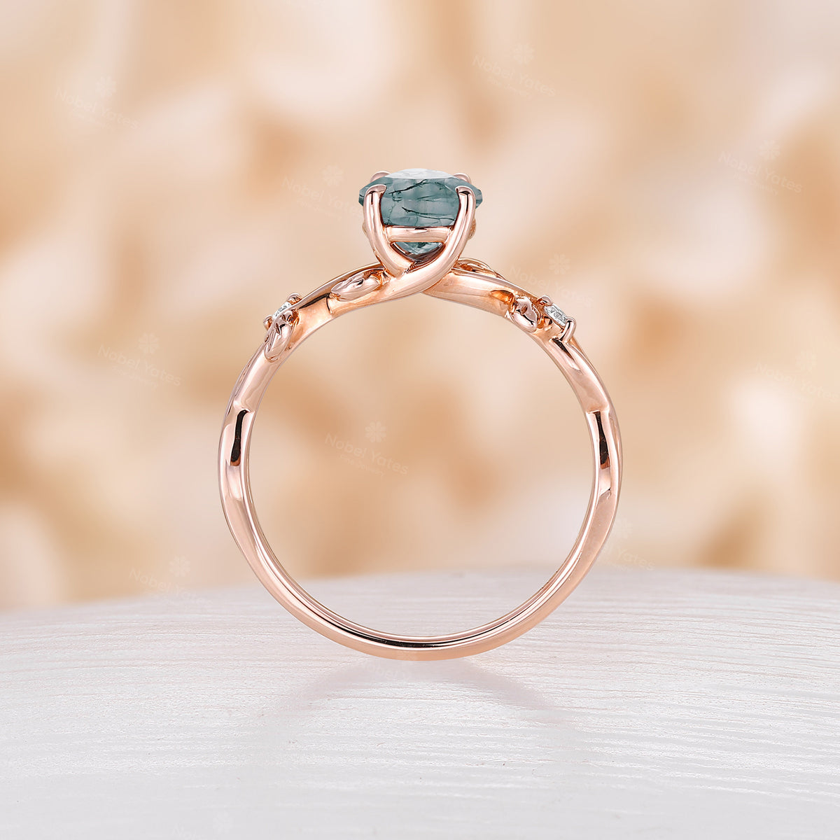 Moss Agate Pear cut Engagement Ring Leaf Design Rose Gold