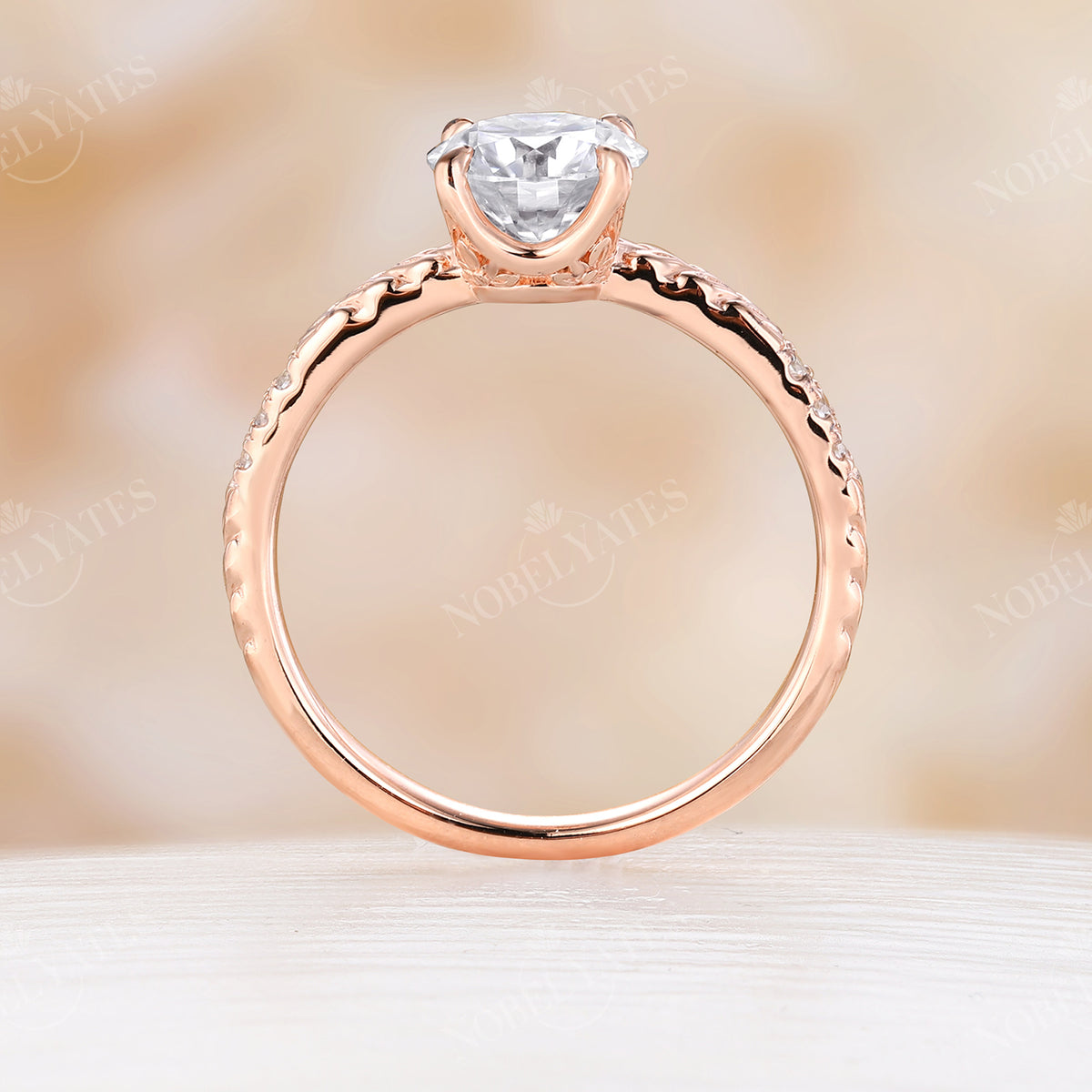 Round Shape Moissanite Engagement Ring Leaf Design Rose Gold Band