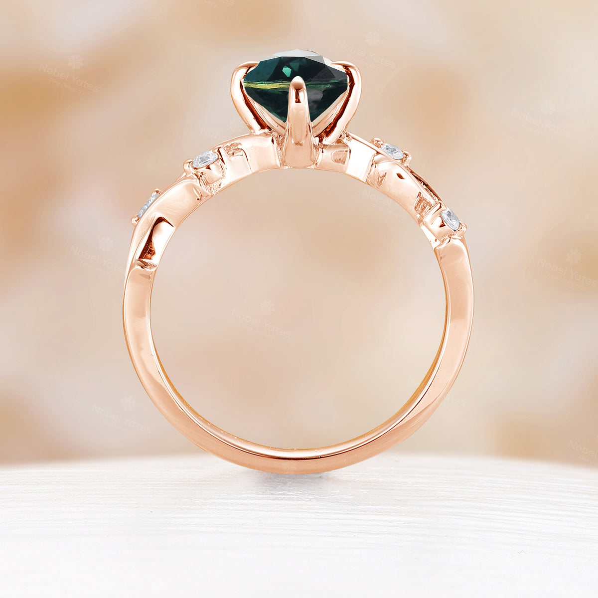 Nature Inspired Branch Oval Teal Sapphire Engagement Ring Yellow Gold Twist