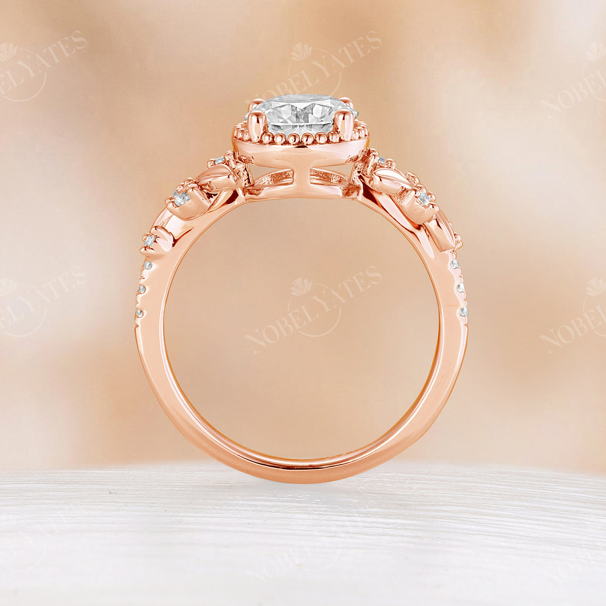 Rose Gold Milgrain Round Moissanite Engagement Ring Leaf Design