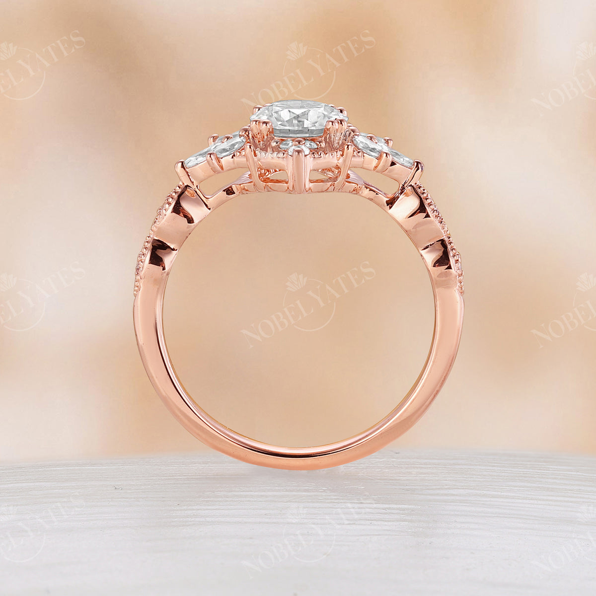 Round Moissanite Vintage Engagement Ring Rose Gold Milgrain Band