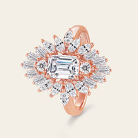 Emerald Cut Moissanite Art Deco Engagement Ring Unique Halo Rose Gold