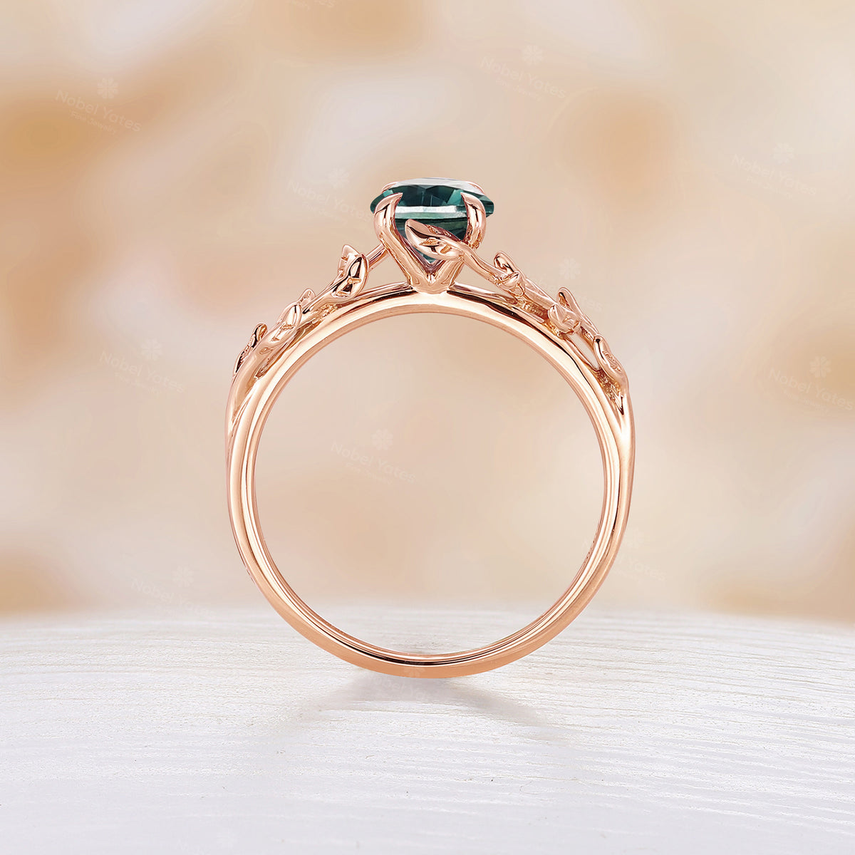 Round Teal Sapphire Engagement Ring Nature Inspired Bypass Solitaire