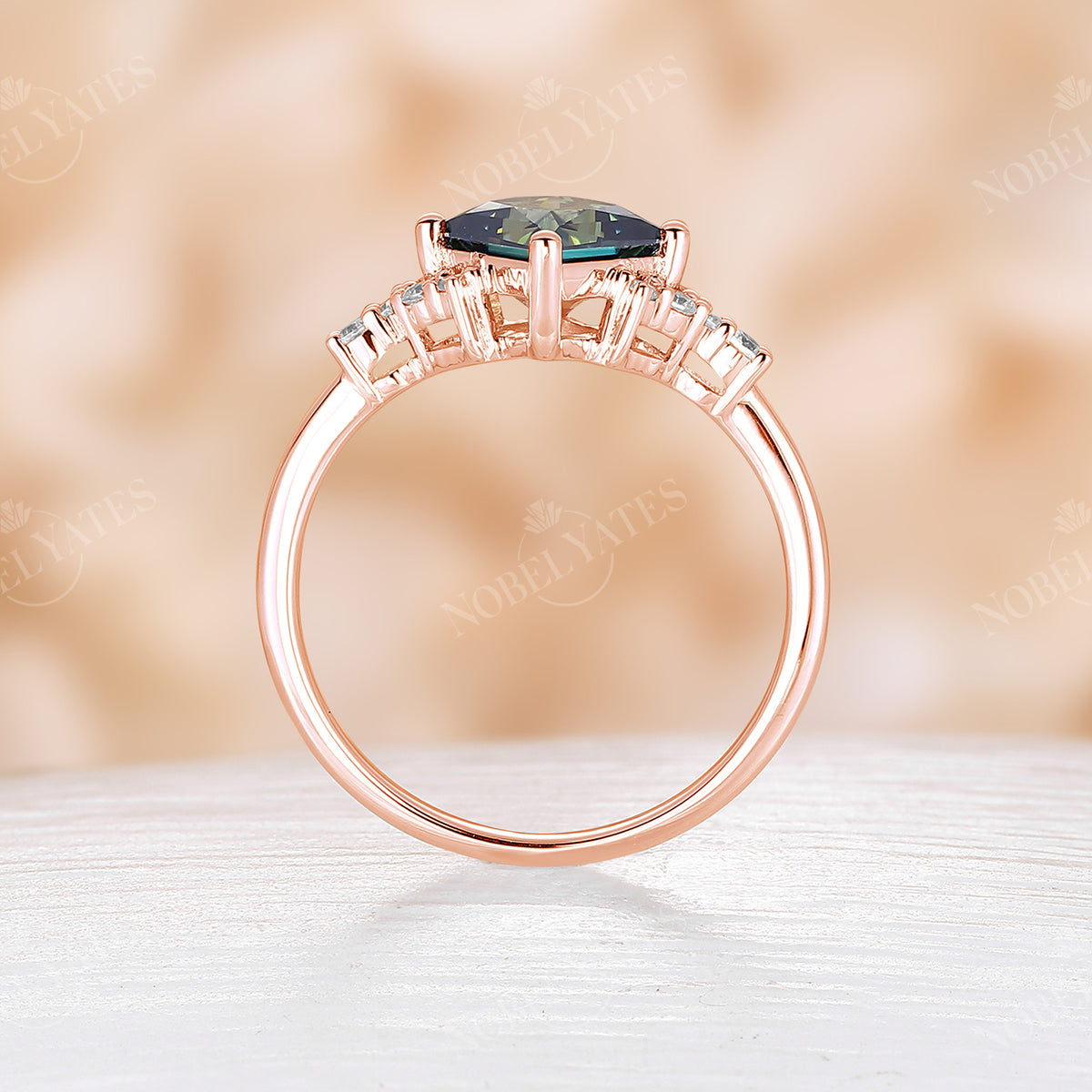 Princess cut Green Moissanite Cluster Engagement Ring Rose Gold