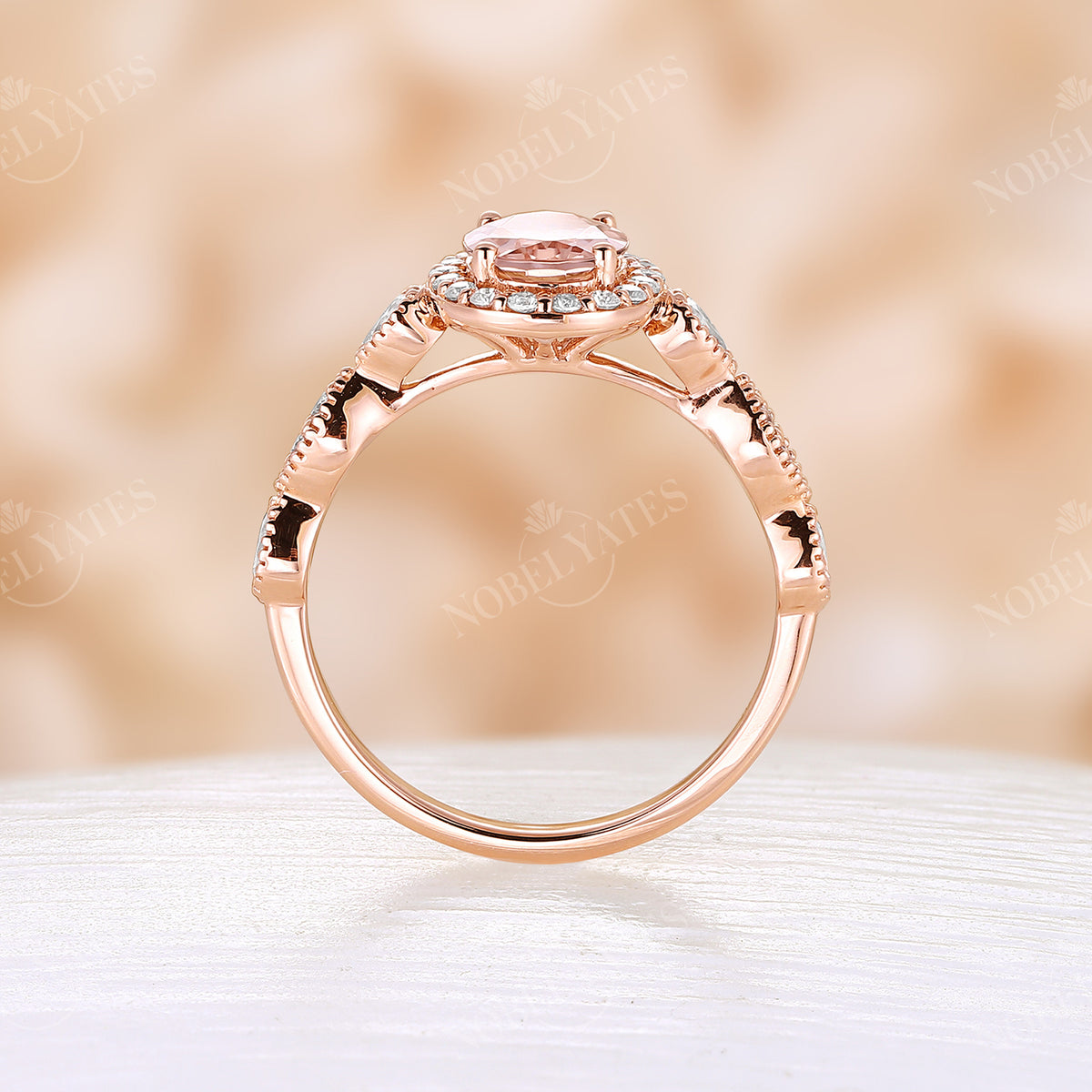 Vintage Orange Pink Morganite Halo & Milgrain Engagement Ring Rose Gold
