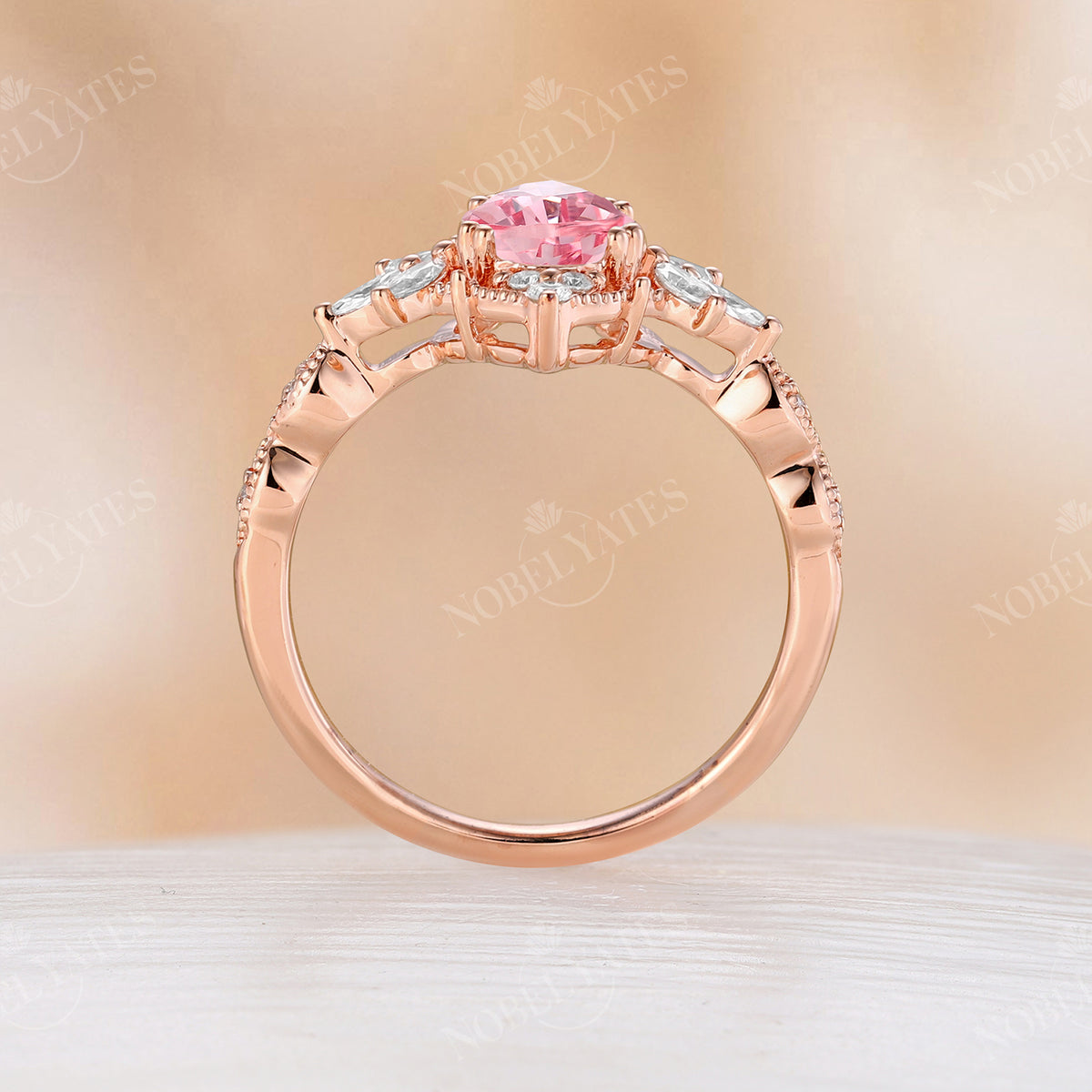 Lab Grown Padparadscha Pear Cut Engagement Ring Vintage Rose Gold