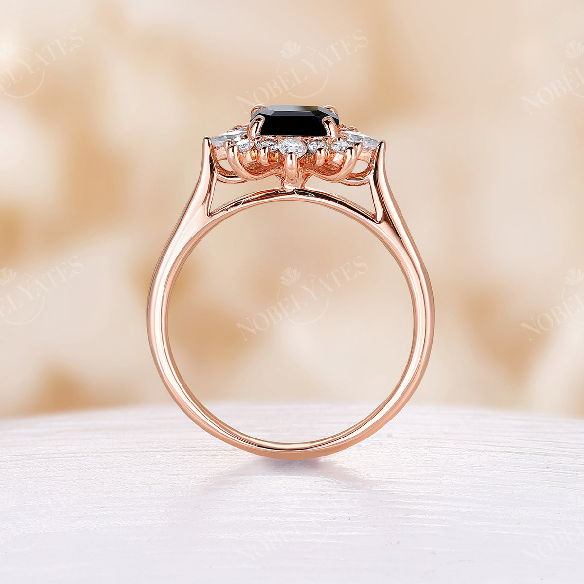 Black Onyx Vintage Asscher Halo Engagement Ring Rose Gold