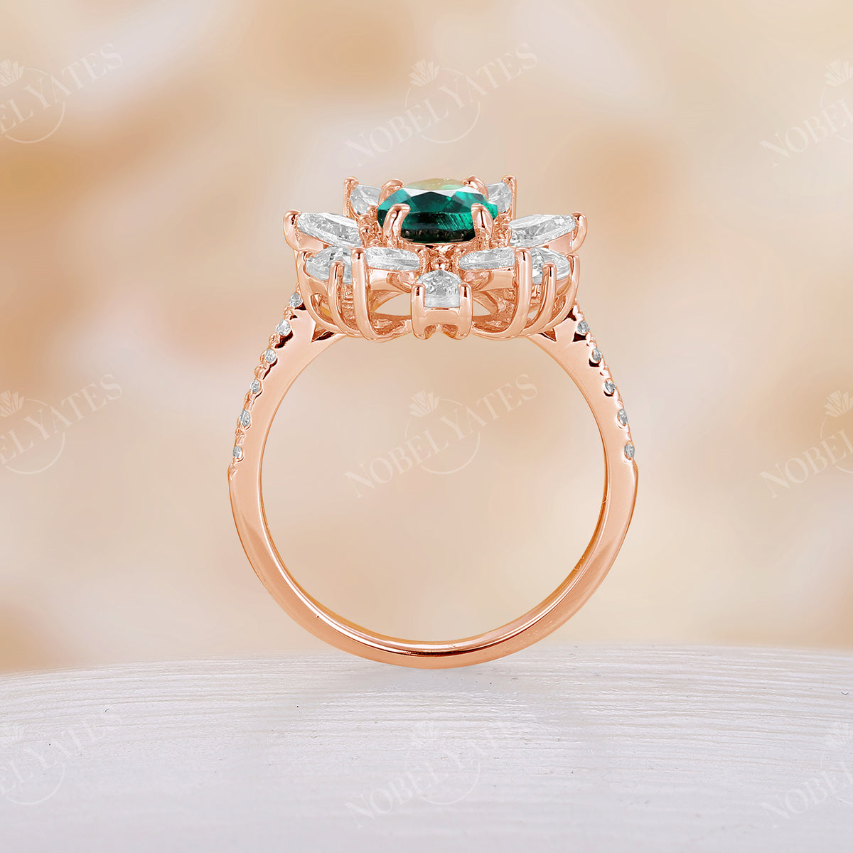 Oval Lab Emerald Rose Cut Moissanite Unique Halo Engagement Ring