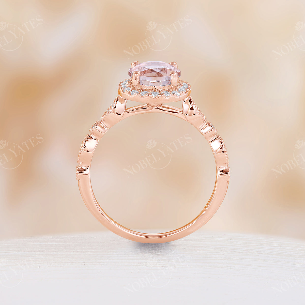 Vintage Orange Pink Morganite Round Halo Engagement Ring Rose Gold