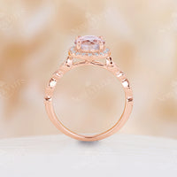 Vintage Orange Pink Morganite Round Halo Engagement Ring Rose Gold