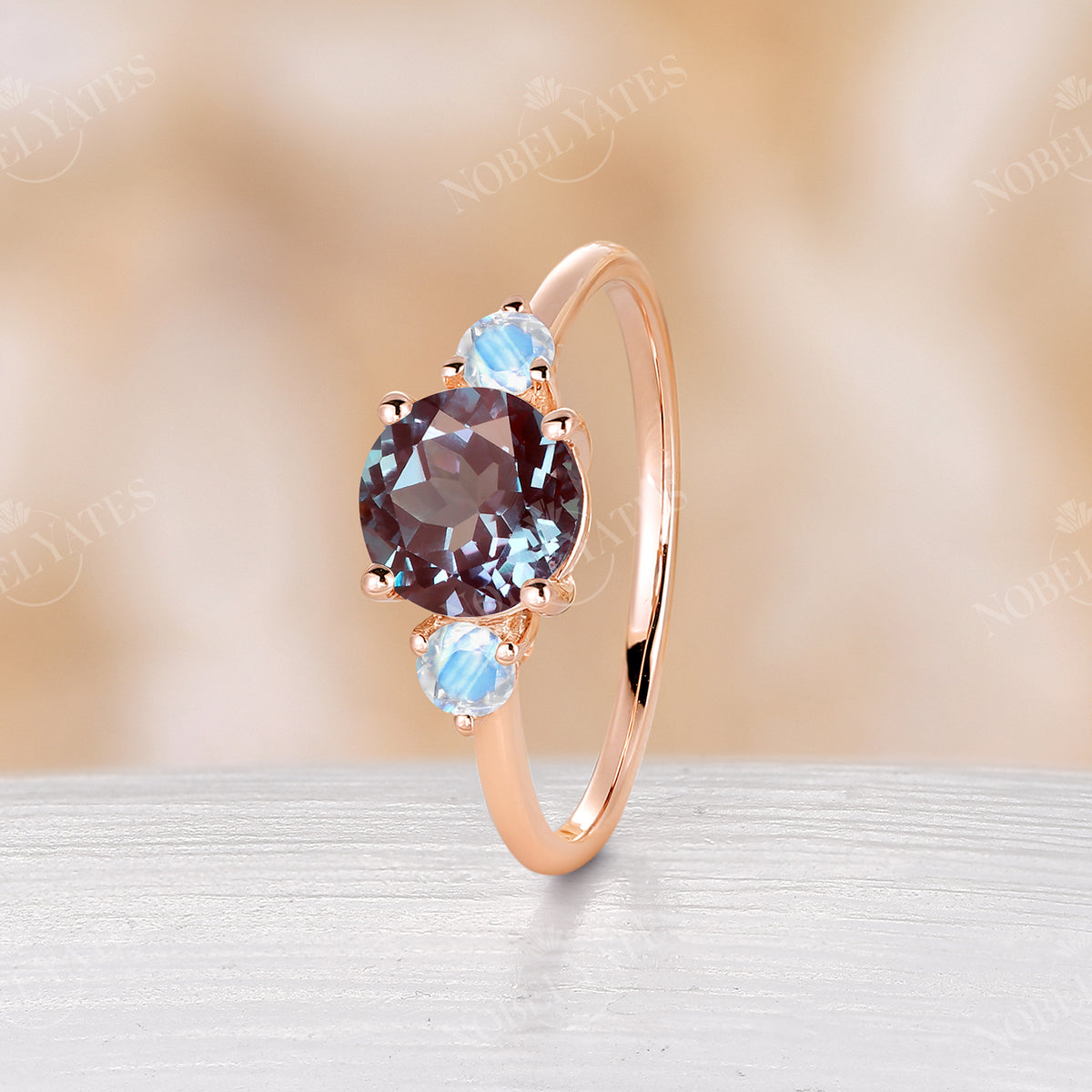 Classic Lab Alexandrite Rose Gold Three Stone Engagement Ring
