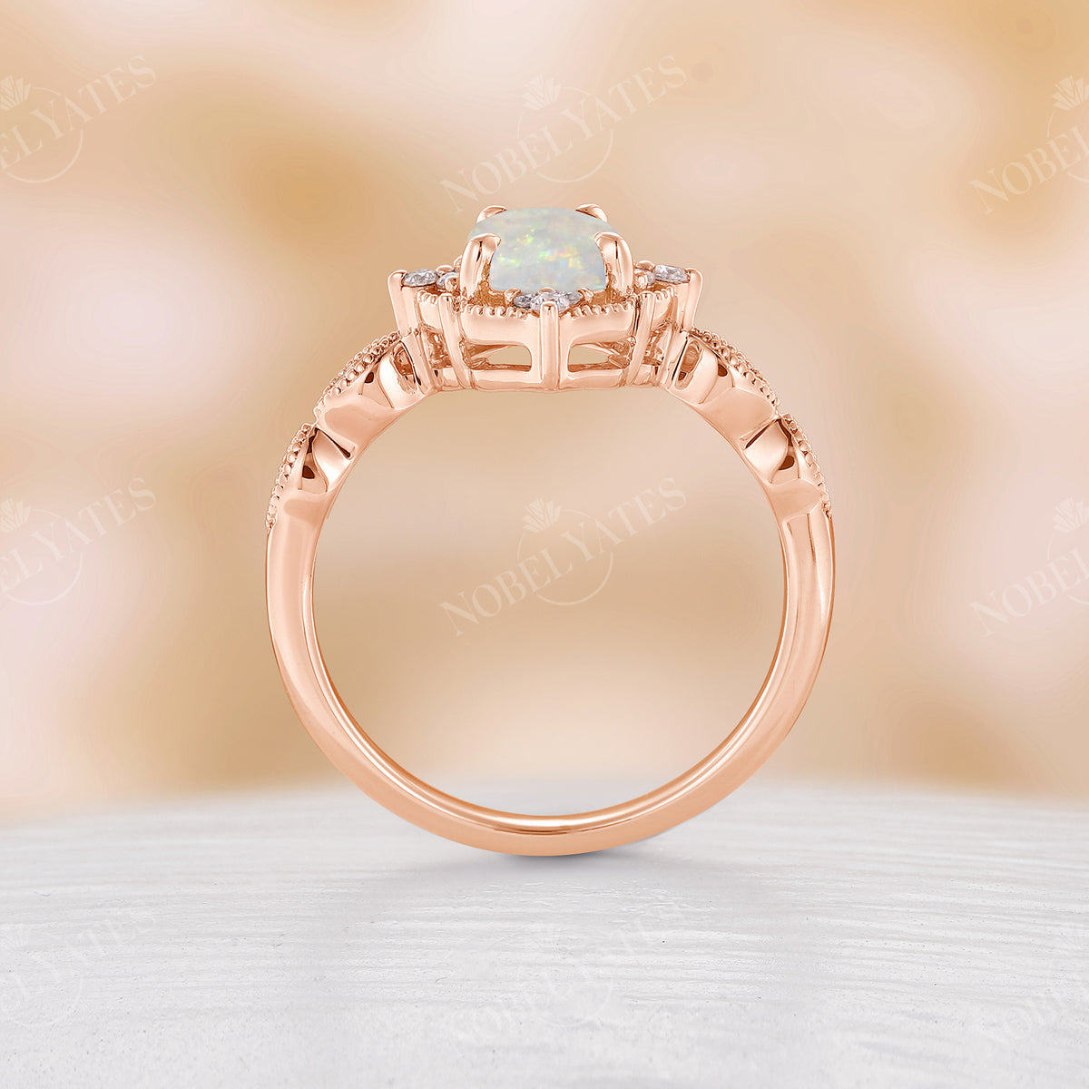 Vintage Pear Opal Milgrain Engagement Ring Rose Gold