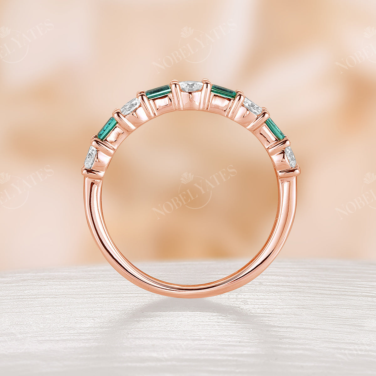 Baguette Cut Emerald Round Moissanite Rose Gold Wedding Band