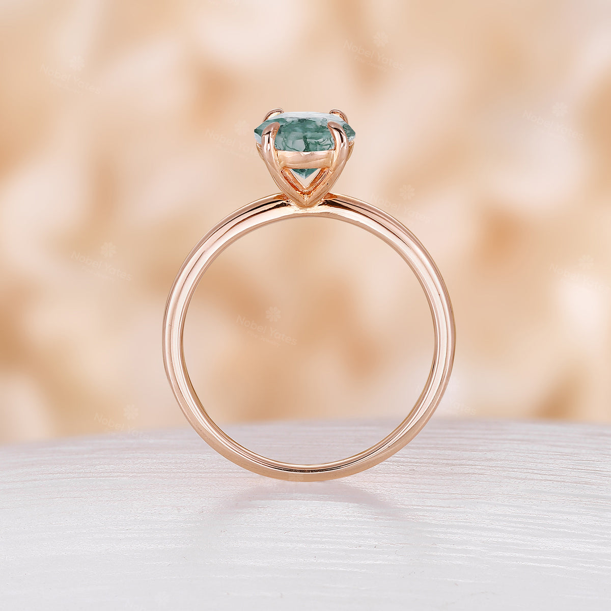 Oval Shape Solitaire Moss Agate Engagement Ring Prong Set Classic