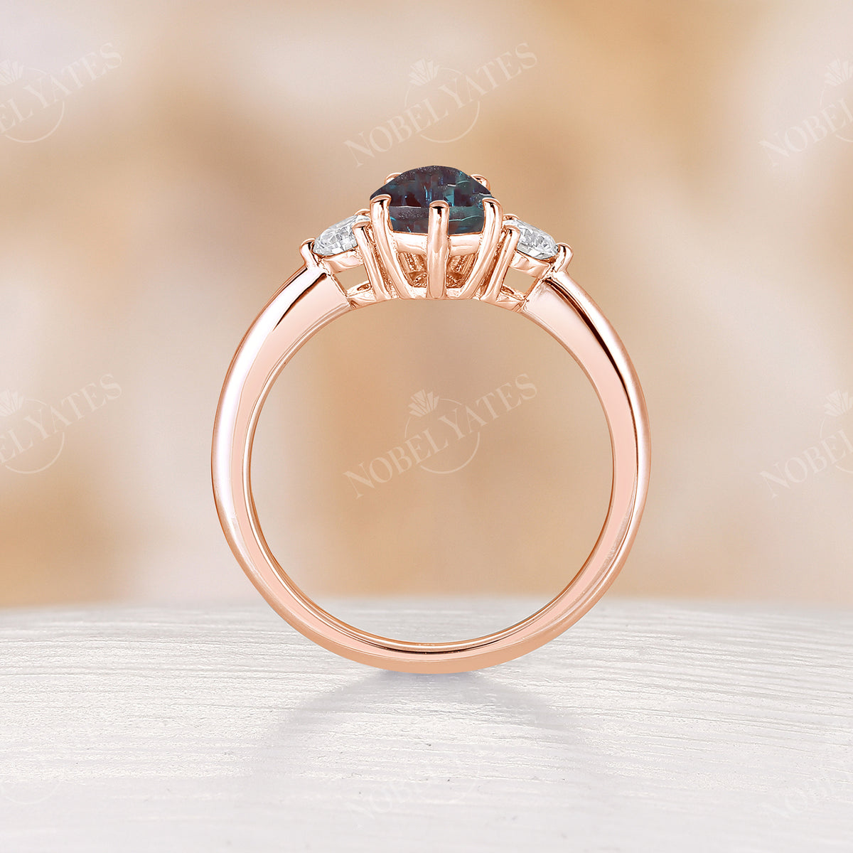 Lab Alexandrite & Moissanite Three Stones Engagement Ring Rose Gold