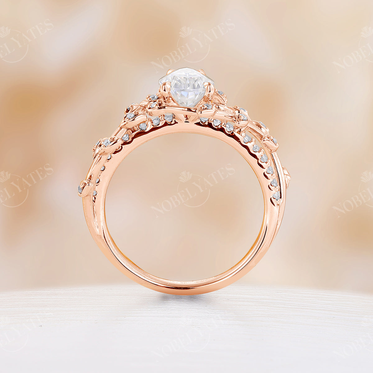 Nature Inspired Pear Moissanite Rose Gold Branch Leaf Engagement Ring