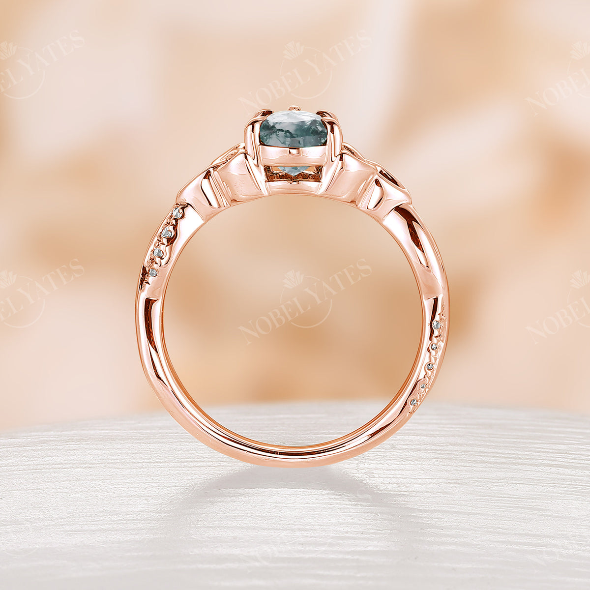 Celtic Knot Moss Agate Pear Shape Rose Gold Twist Ring