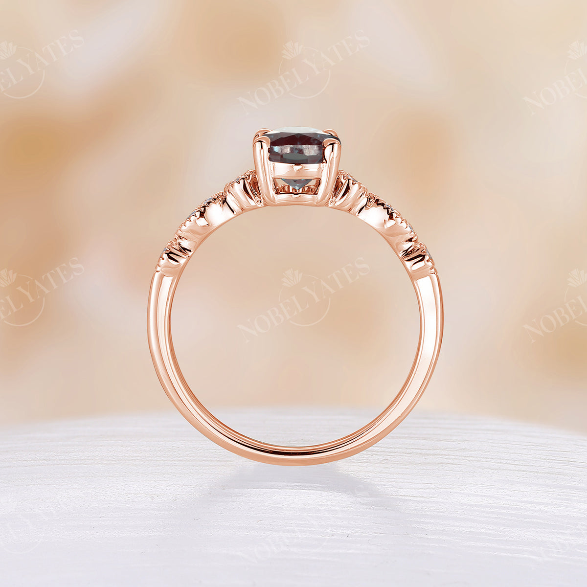 Oval Lab Alexandrite Engagement Ring Rose Gold Milgrain Ring