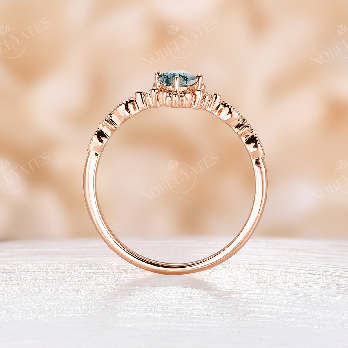 Oval Moss Agate Rose Gold Vintage Filigree Engagement Ring