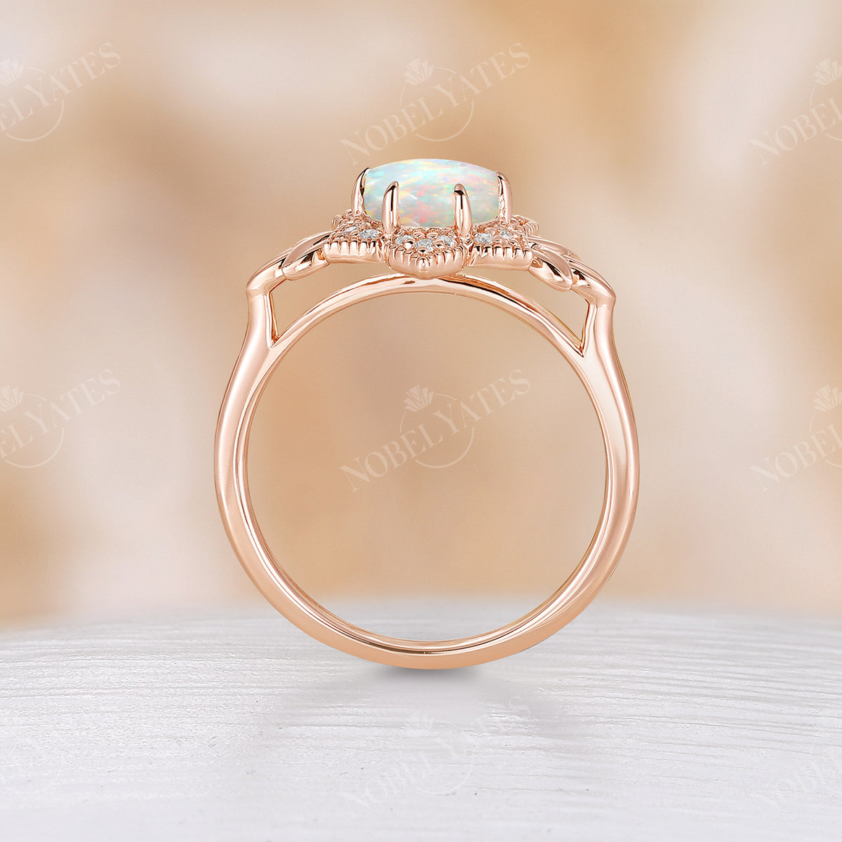 Nature inspired Round Opal Engagement Ring Leaf Rose Gold
