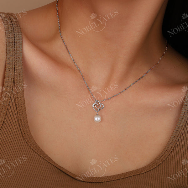Double Heart Akoya Pearl Pendant Elagant Necklace White Gold