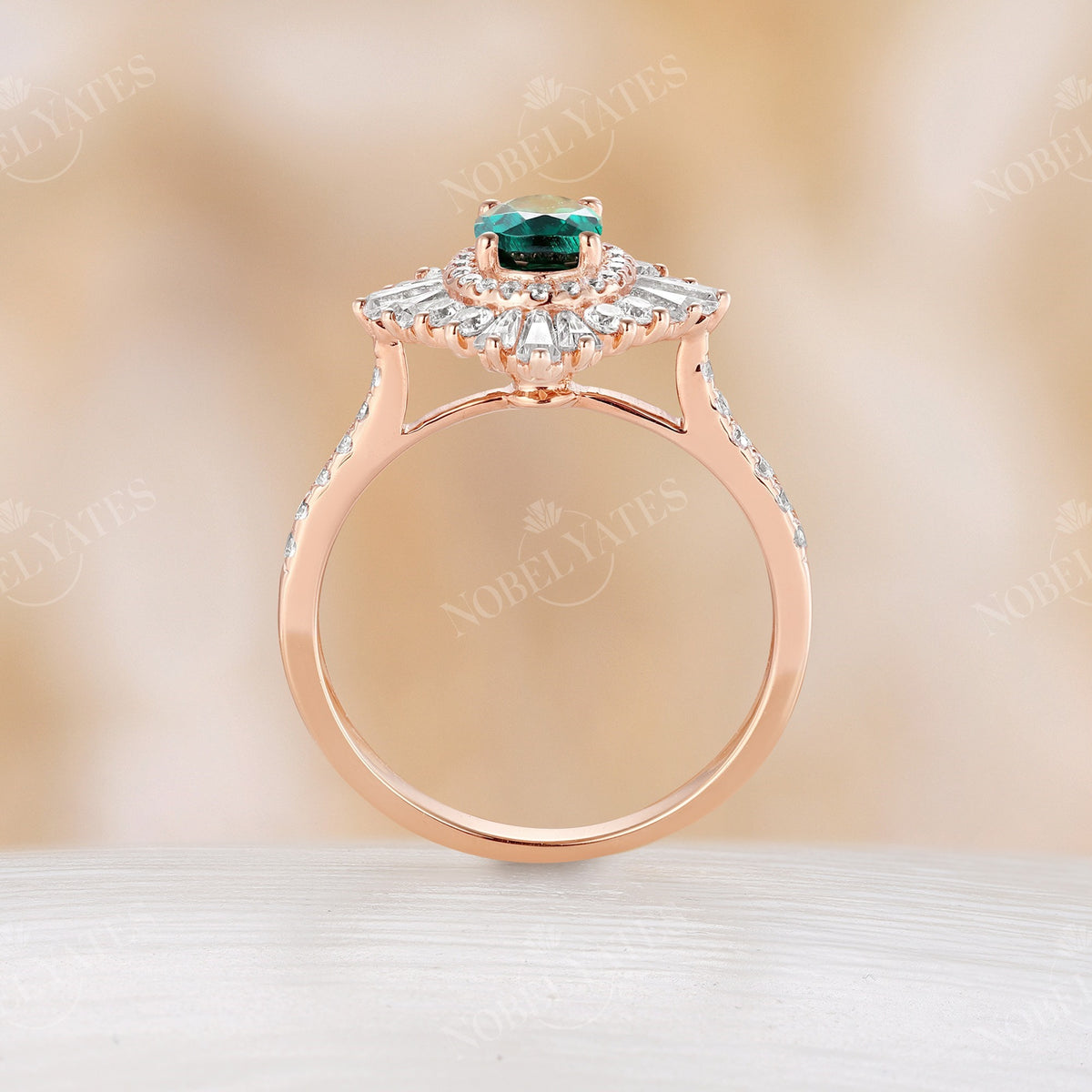 Lab Emerald Rose Gold Engagement Ring Diamond/CZ Halo Rose Gold Band