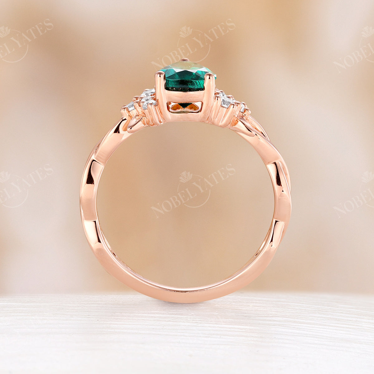 Nature Leaf Inspired Lab Emerald Pear Cut Engagement Ring Rose Gold
